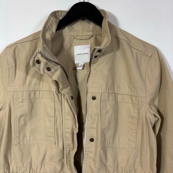 Tan Chore Coat Tan Zip Up Neutral Country Chic Workwear Small 100% Cotton - Picture 2 of 12